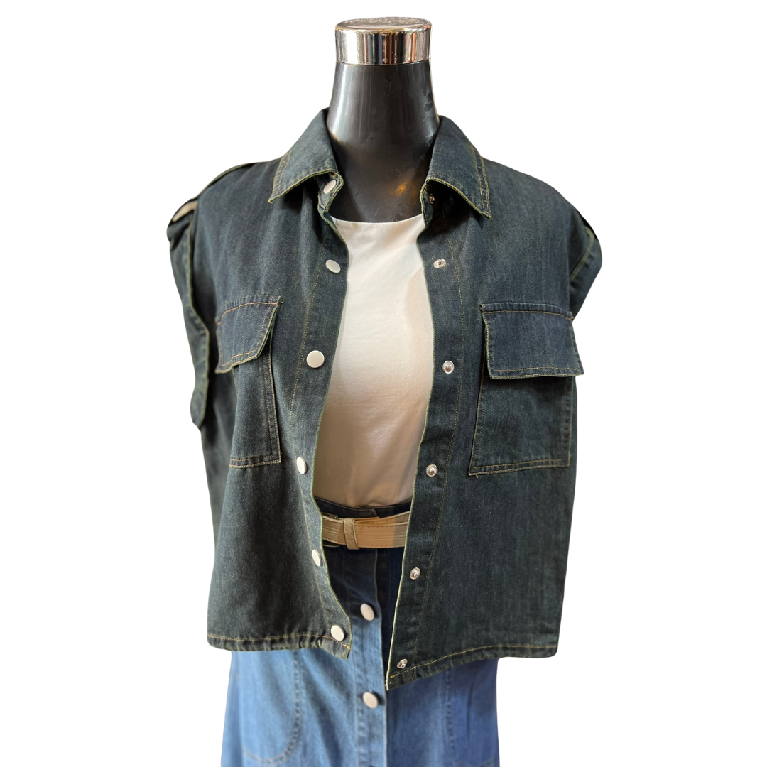 Chaqueta De Mezclilla Bomber Sin Mangas Con Broches Divina Moda