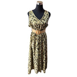 Vestido Lino Animal Print Estampado Dorado