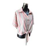 Blusa Lino Abotonada Rayada Con Cinto Manga Ancha