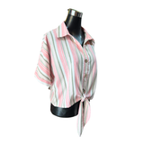 Blusa Lino Abotonada Rayada Con Cinto Manga Ancha